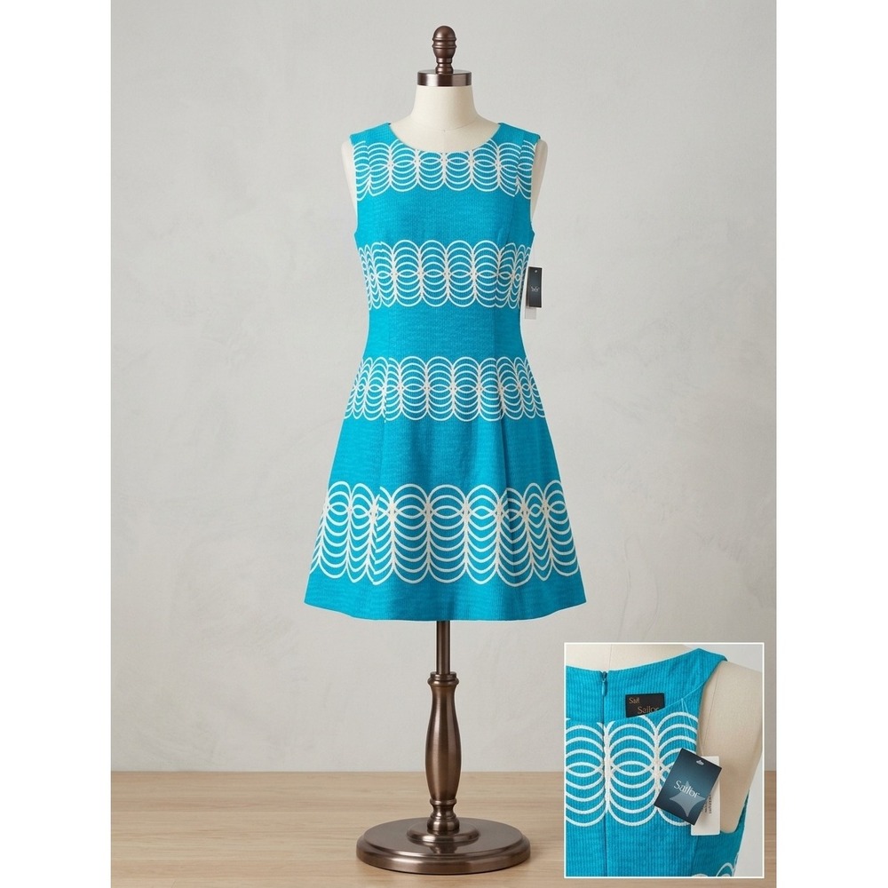 Just Taylor Womens Blue White Scallop Print Seersucker Fit Flare Dress 5437M 14